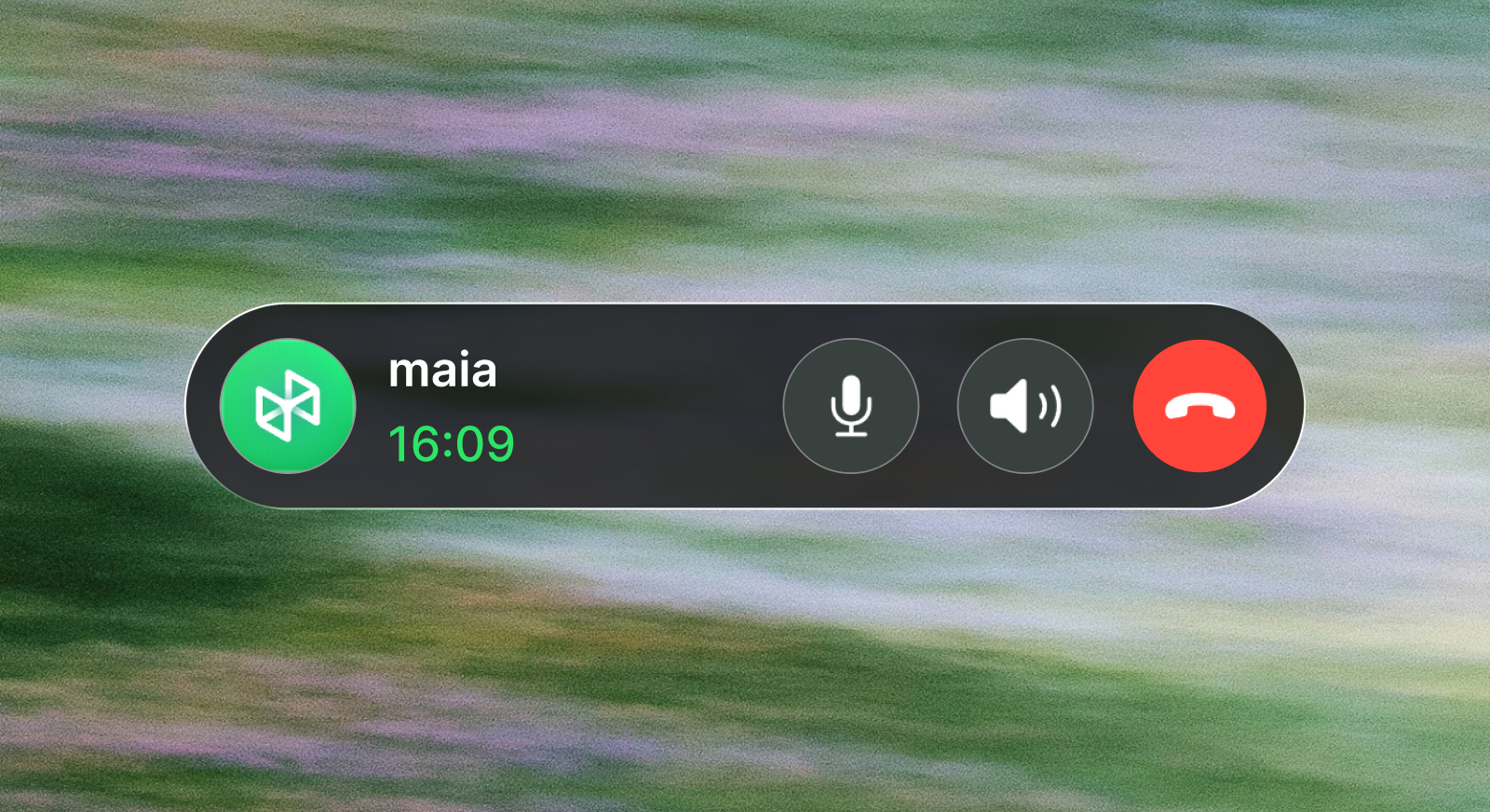 An active Maia voice call with microphone, speaker, and end-call controls