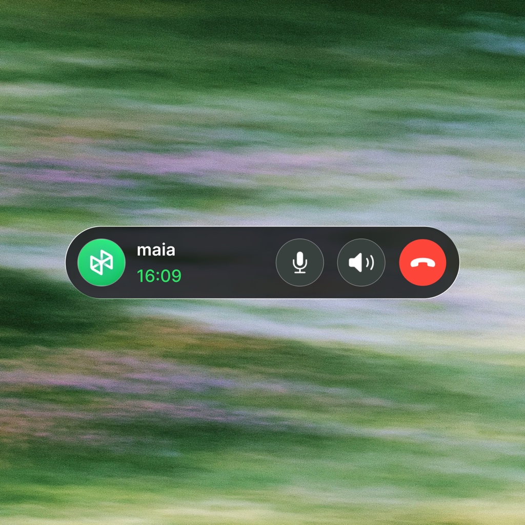 An active Maia voice call with microphone, speaker, and end-call controls